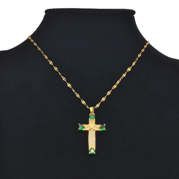 18K Gold Womens 1ct Diamond 2ct Green Emerald Gemstone Cross Necklace Jewelry - Picture 2 of 6